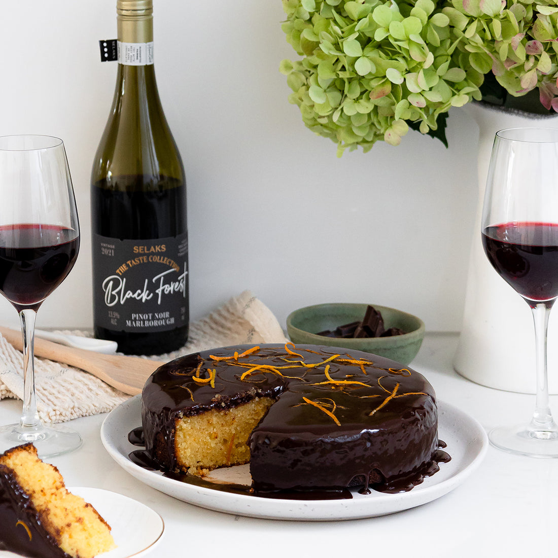 Decadent orange and chocolate cake Paired Perfectly with Selaks The Taste Collection Black Forest Pinot Noir