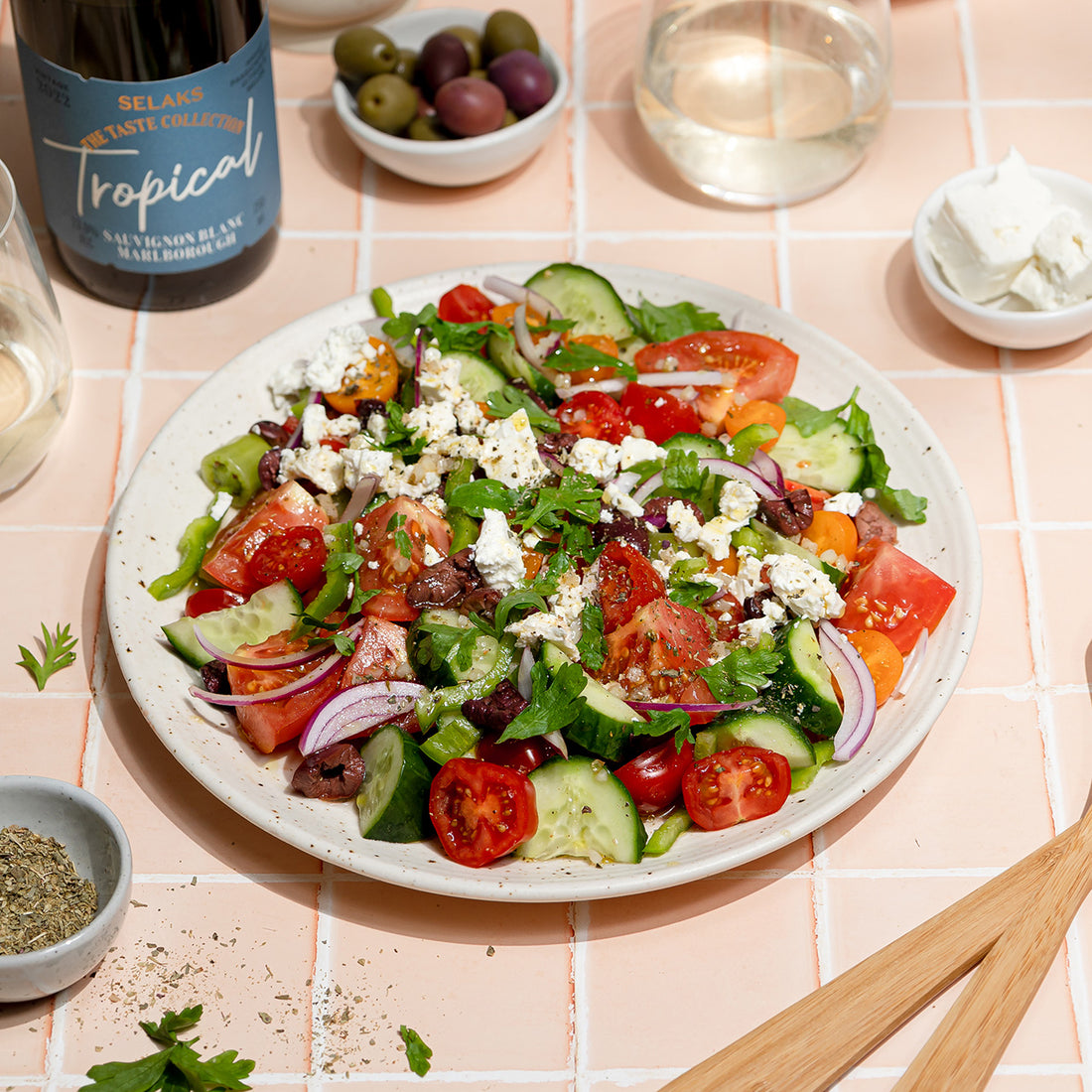 Greek-inspired salad Paired Perfectly with Selaks The Taste Collection Tropical Sauvignon Blanc