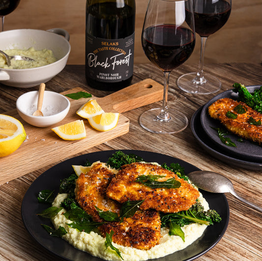 Spiced Chicken Schnitzel with Cauliflower and Kale with Selaks The Taste Collection Black Forest Pinot Noir