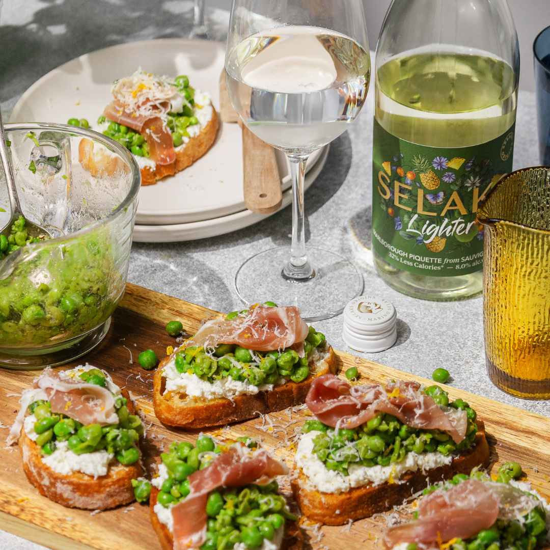 Pea, Prosciutto and Ricotta Bruschetta paired with with Selaks Origins Lighter Piquette