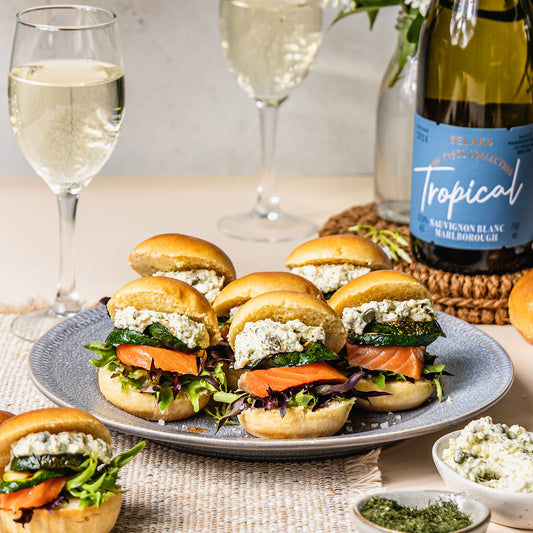 Smoked Salmon & Grilled Zucchini Sliders with Dill Smashed Feta